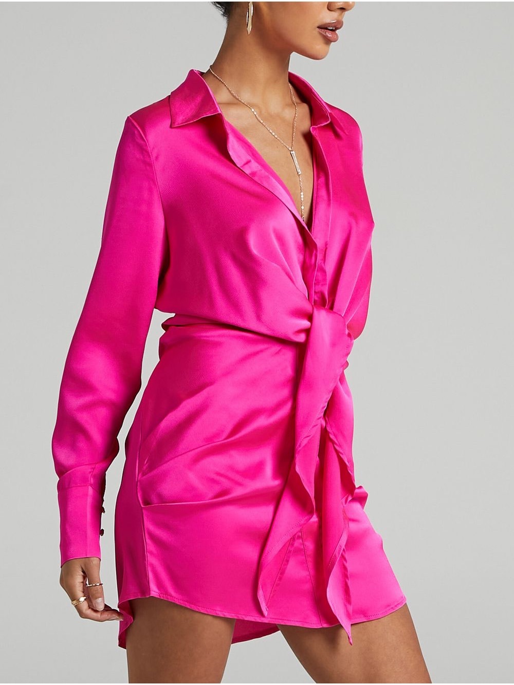 Runaway the Label Ruby Mini Shirt Dress Fuschia Pink Large Satin Neon - Picture 2 of 8